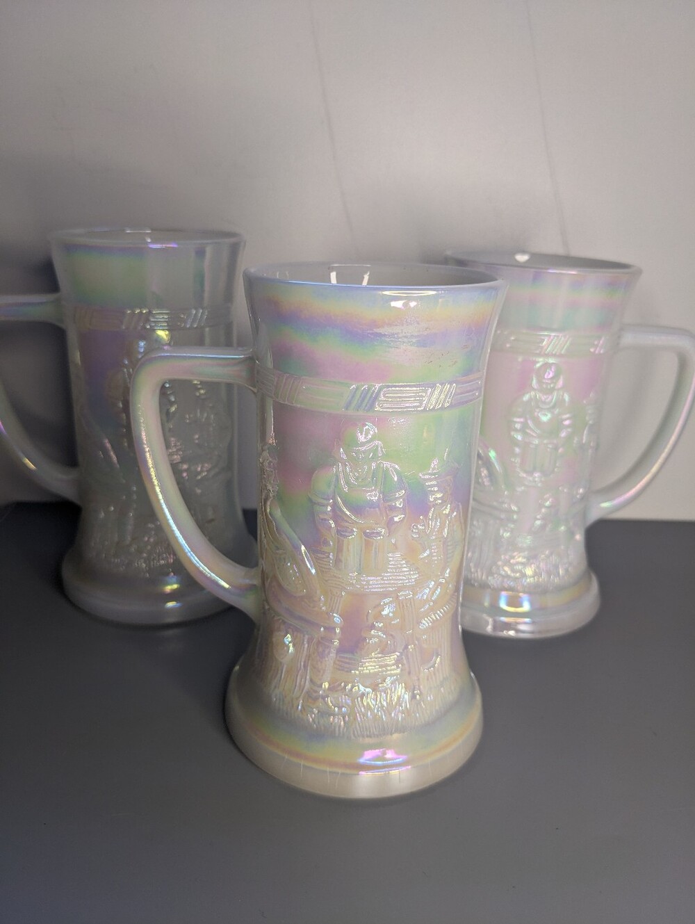 Federal Glass Iridescent Heat Proof Embossed Vintage Steins Set 3 1960s Barware